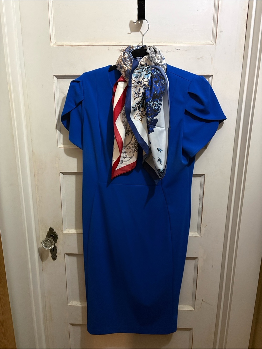 Calvin Klein Royal Blue Midi Sheath Dress with Puff Shoulders
